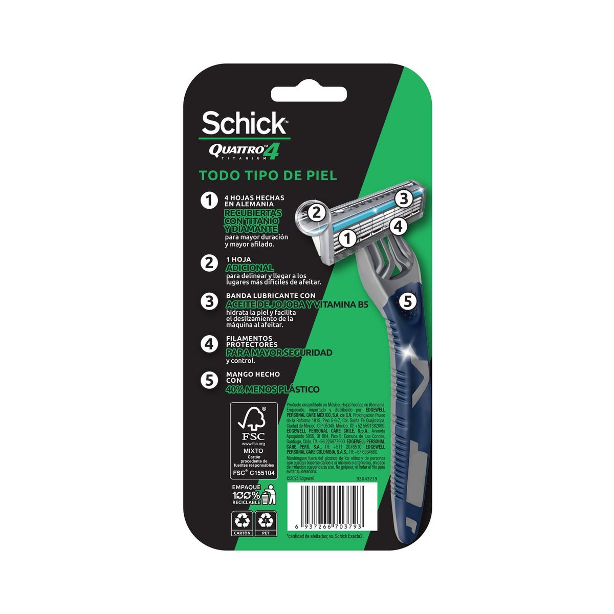 SCHICK - Máquina de Afeitar Quattro Titanium Piel Normal Hombre Schick 3 Un