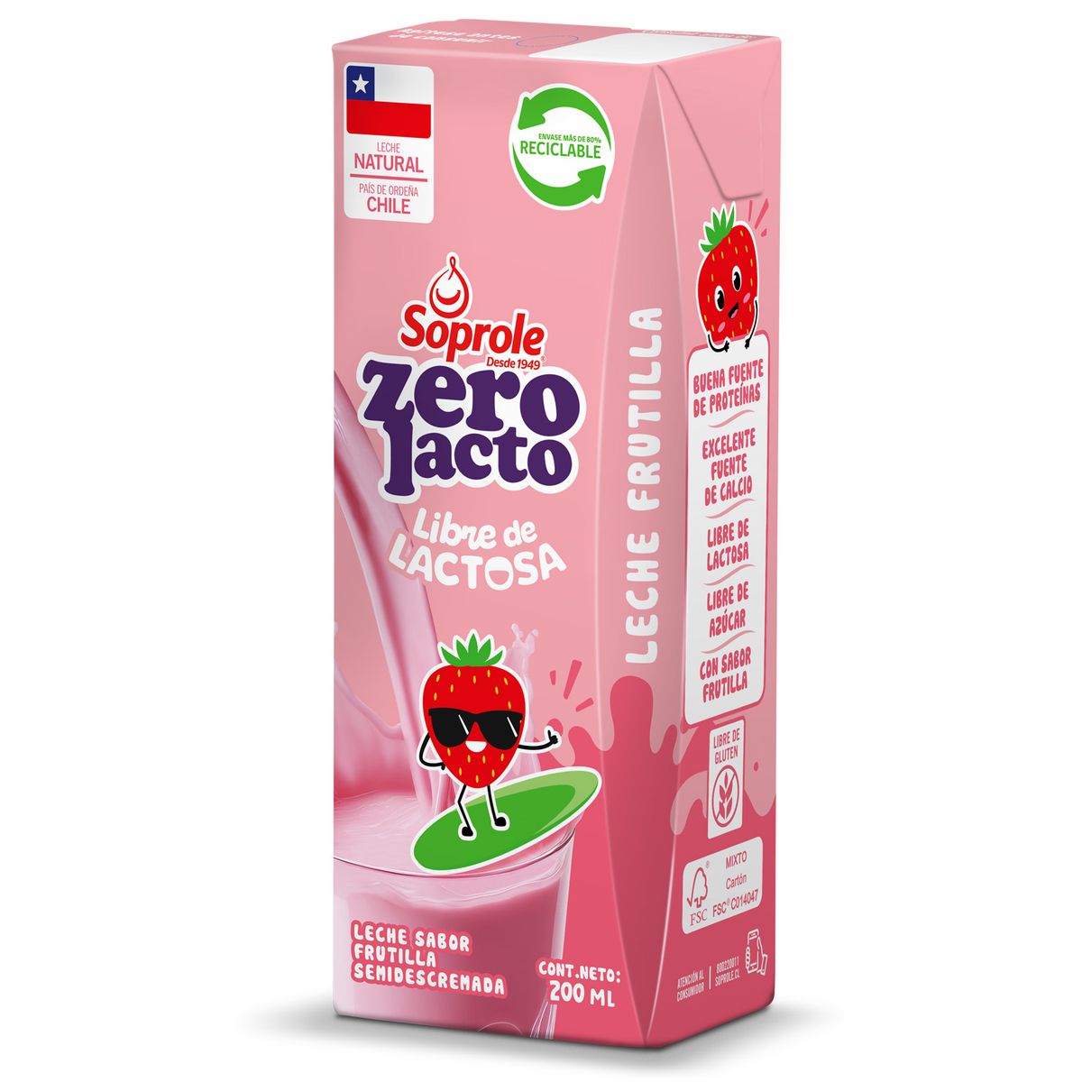 SOPROLE - Leche Semidescremada Zerolacto Sabor Frutilla Soprole 200 ml