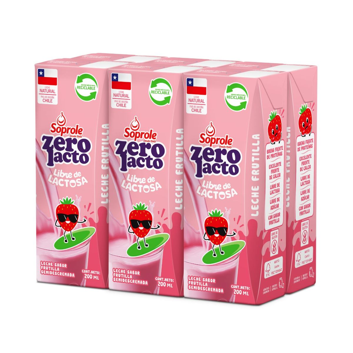 SOPROLE - Pack Leche Sabor Frutilla Soprole Zero Lacto 6 x 200 ml