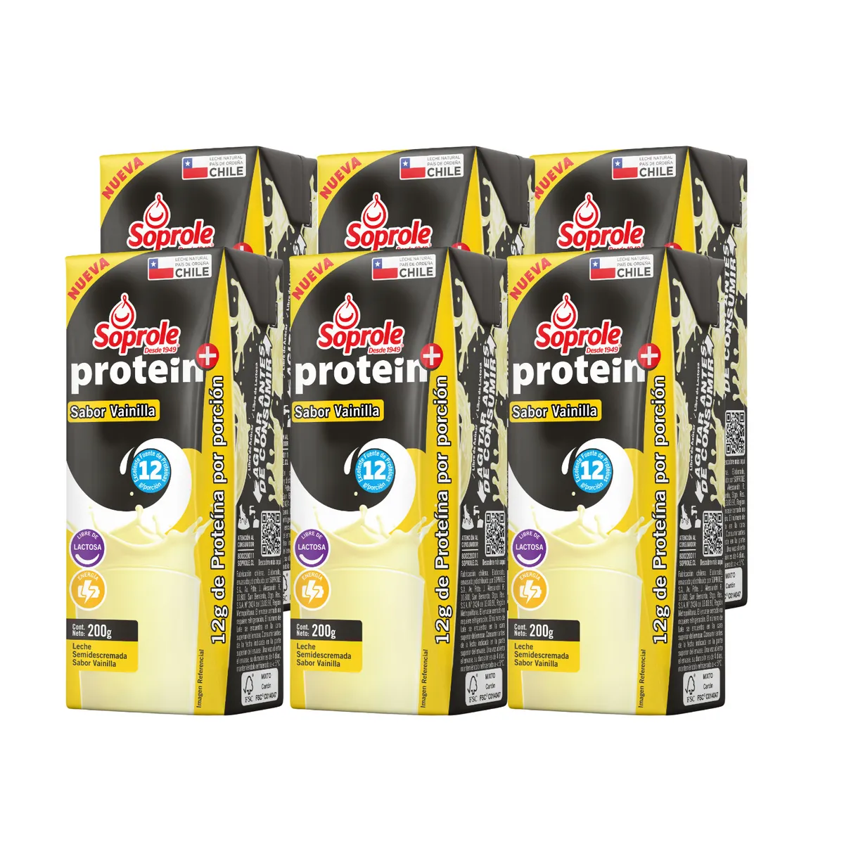 SOPROLE - Pack Leche Semidescremada Protein Sabor Vainilla Soprole 6 x 200 ml