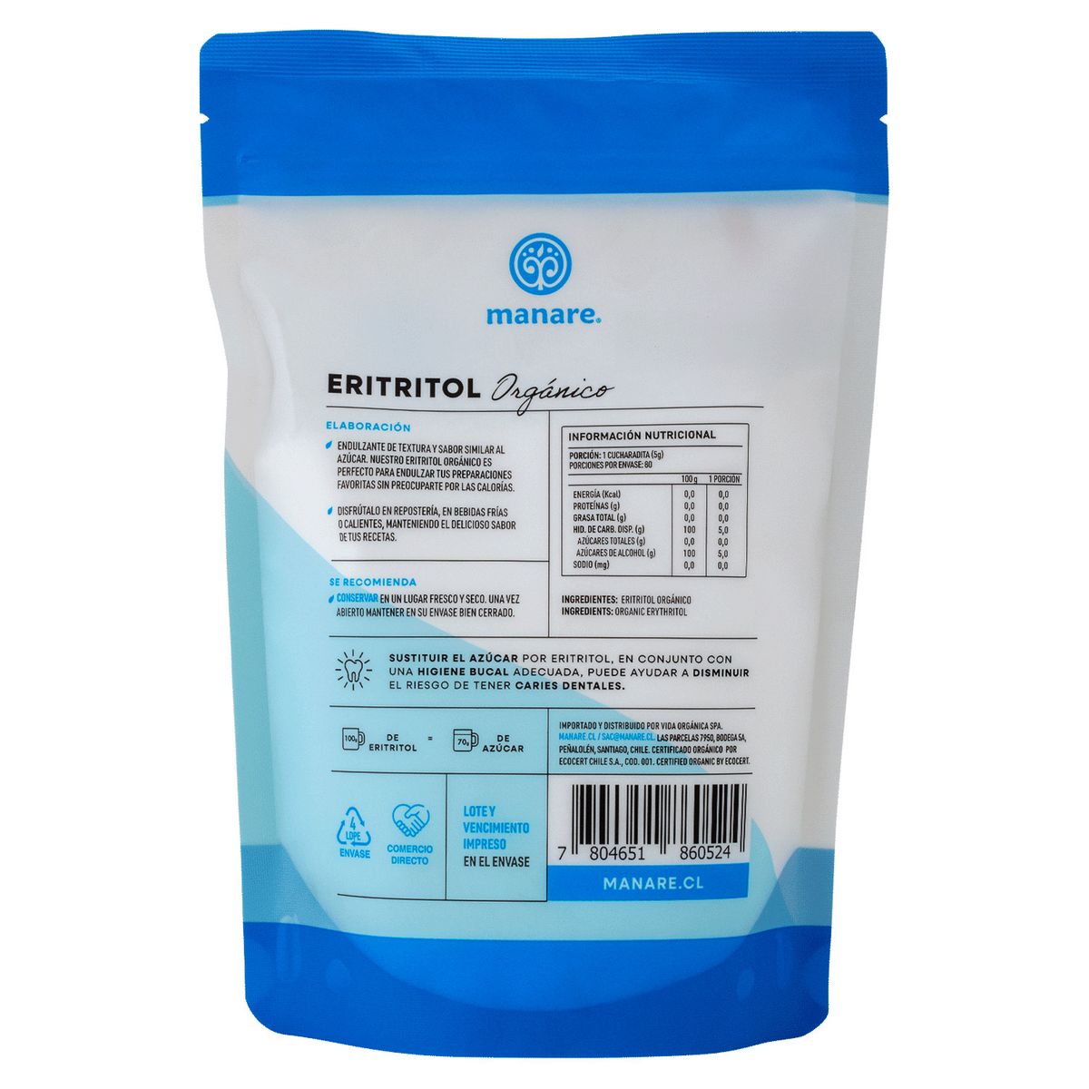 MANARE - Endulcorante Eritritol Orgánico Manare 400 g