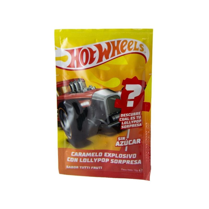 HOT WHEELS - Caramelo Explosivo con Lollypop Sopresa Sabor Frutilla Hot Wheels 12 g