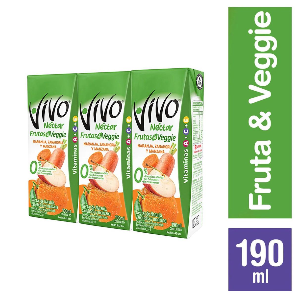 VIVO - Tripack Jugo Néctar Veggie Naranja Zanahoria Manzana Vivo 3 x 190 ml
