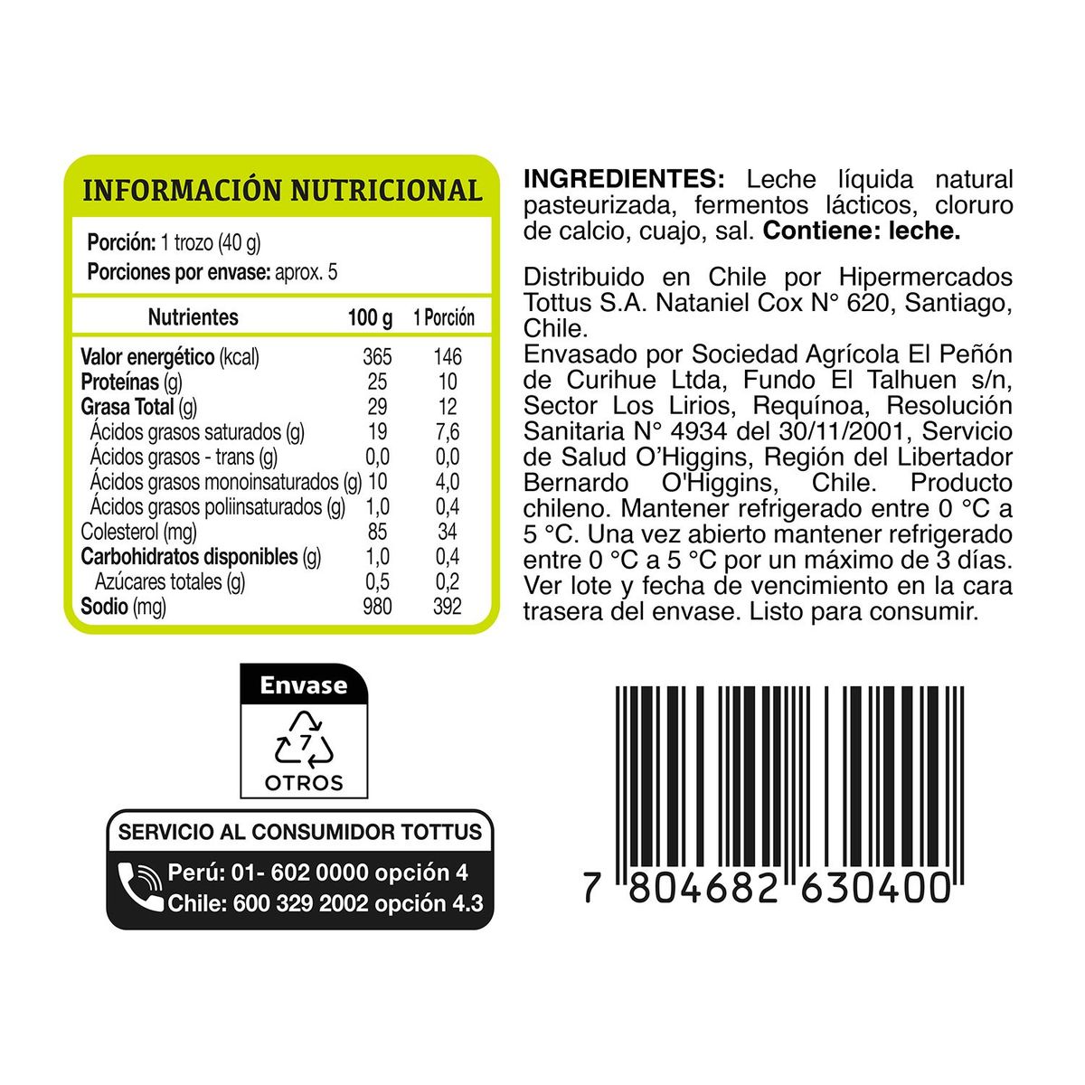 TOTTUS - Queso Llanero Trozo Tottus 200 g