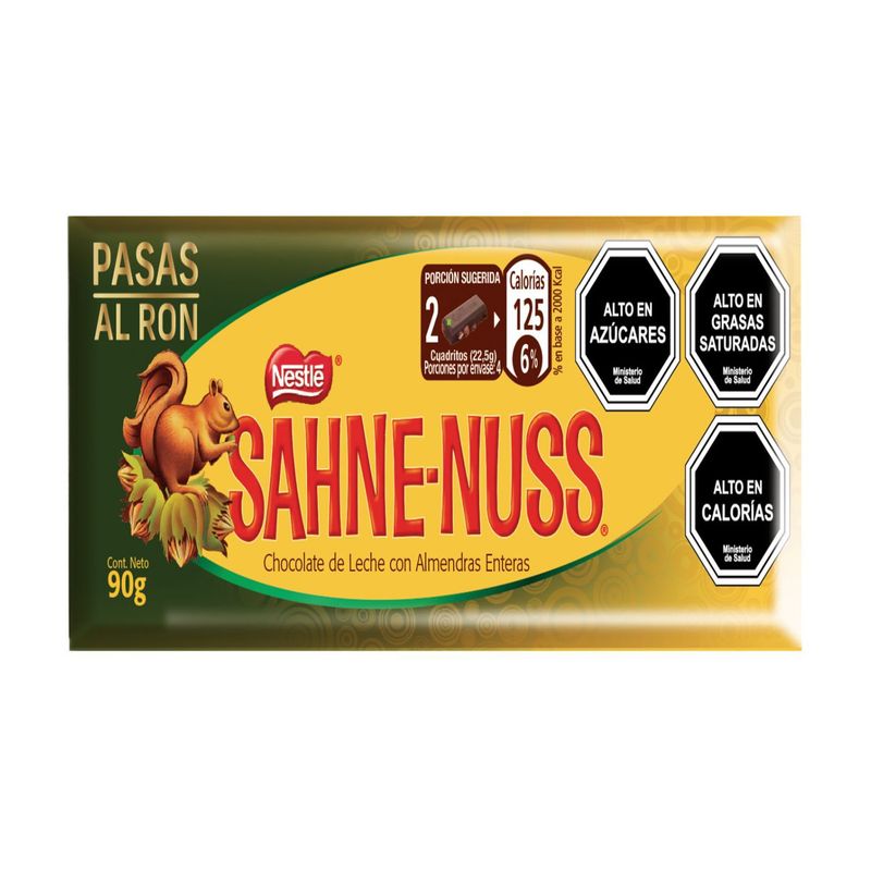 SAHNE NUSS - CHOCOLATE PASAS AL RON SAHNE NUSS 90 GR