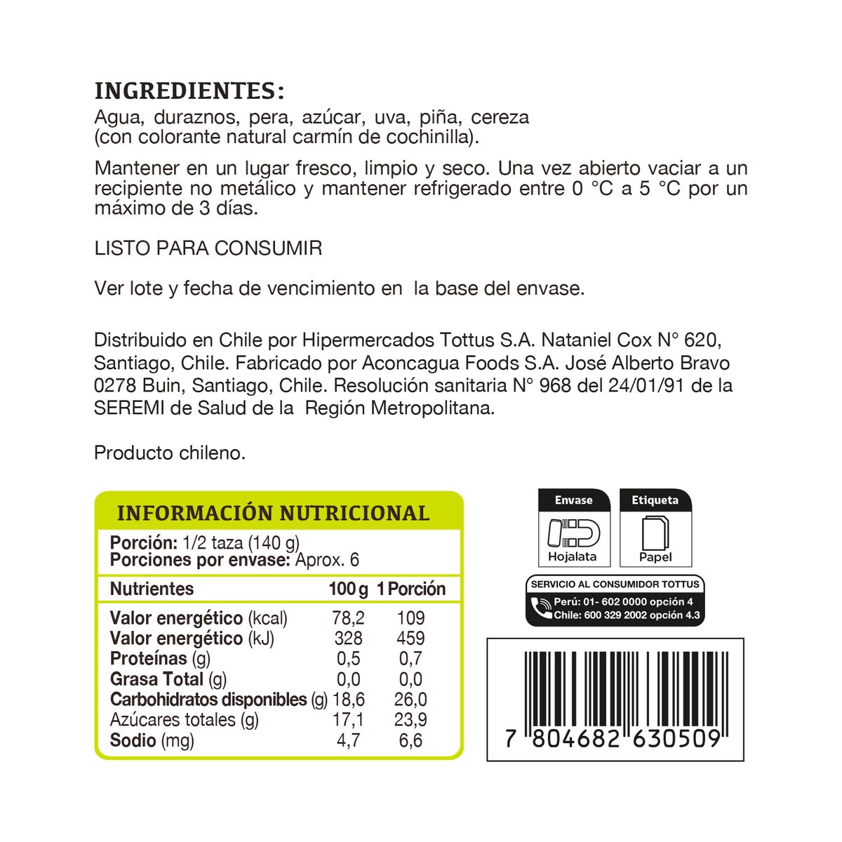 TOTTUS - Cóctel de Frutas en Almíbar Tottus 820 g