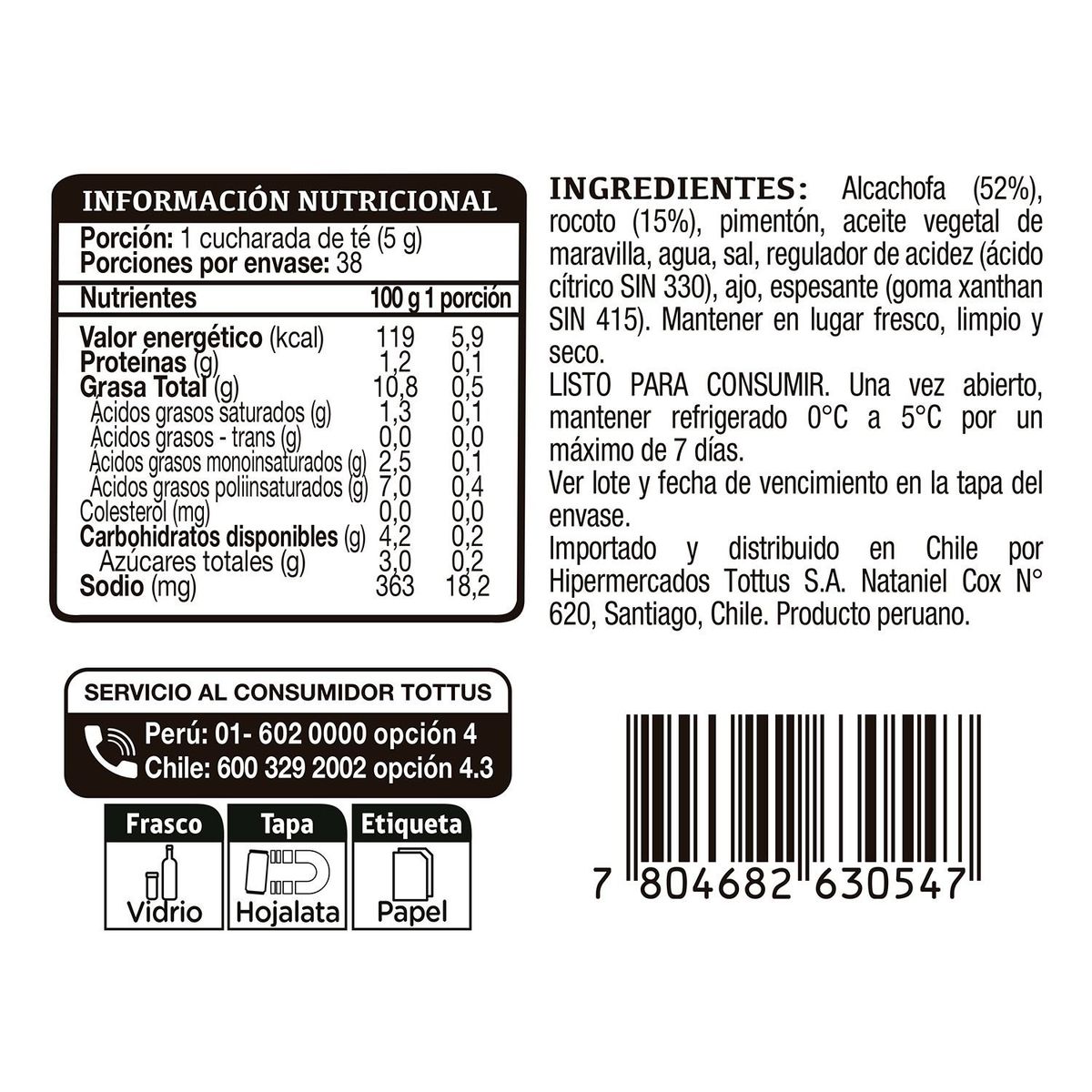 TOTTUS - Pasta Untable Alcachofa y Rocoto Tottus 190 g