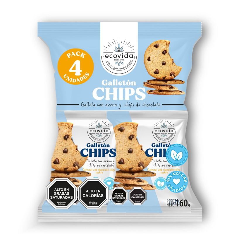 ECOVIDA - Pack Galletón de Avena con Chips de Chocolate Sin Azúcar Ecovida 4 x 40 g