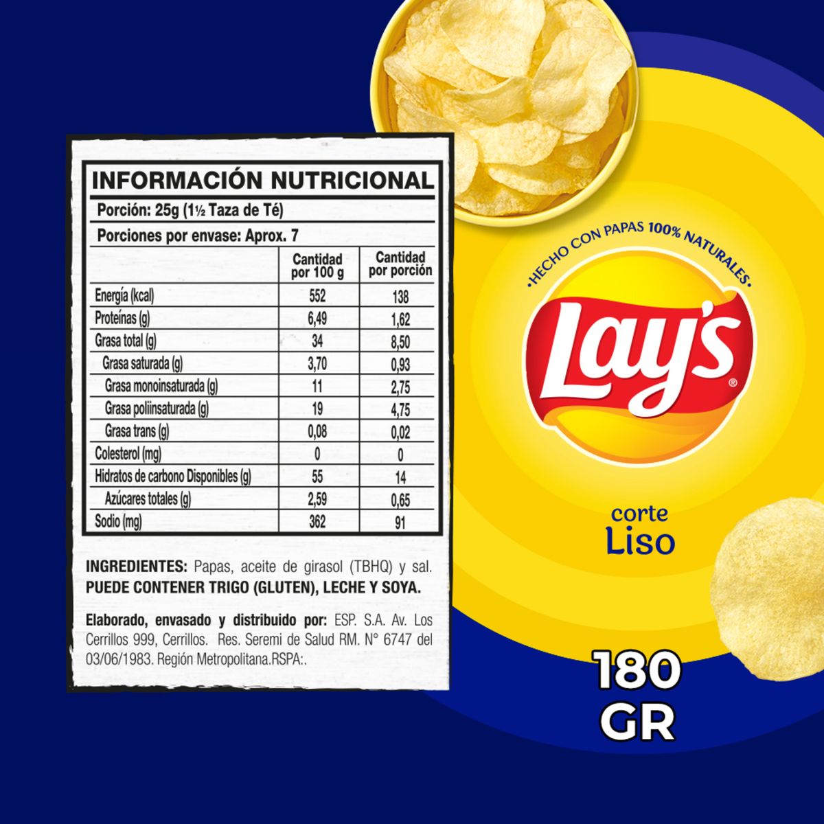 LAYS - Papas Fritas Corte Liso Lays 180 g