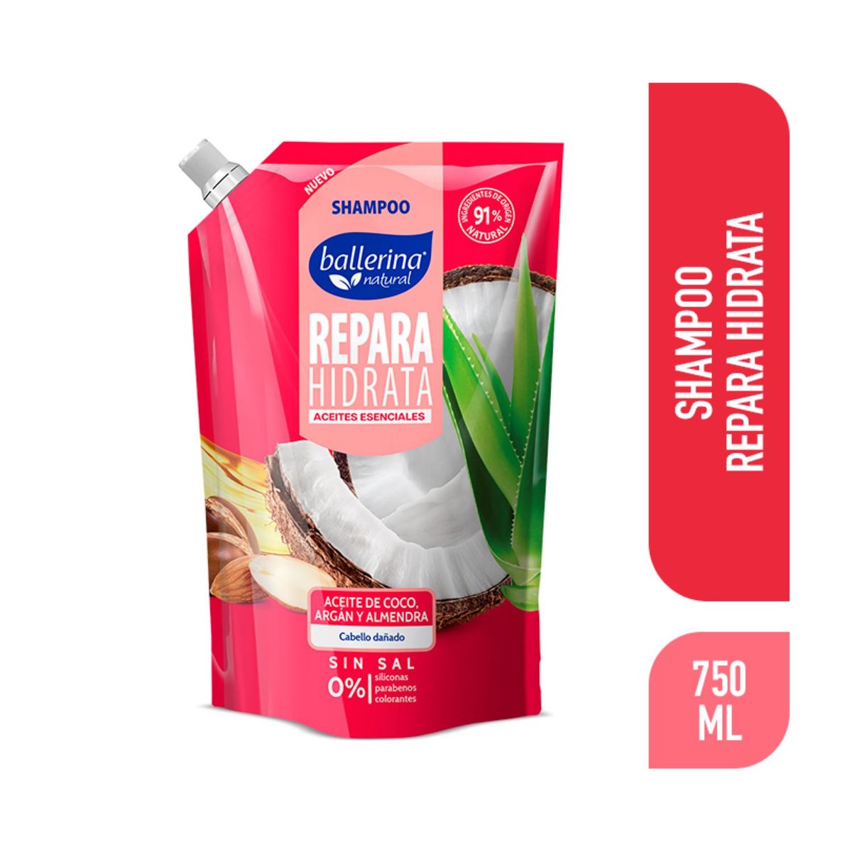 BALLERINA - Shampoo Reparación Aceite de Coco Argán y Almendra Doypack Ballerina 750 ml