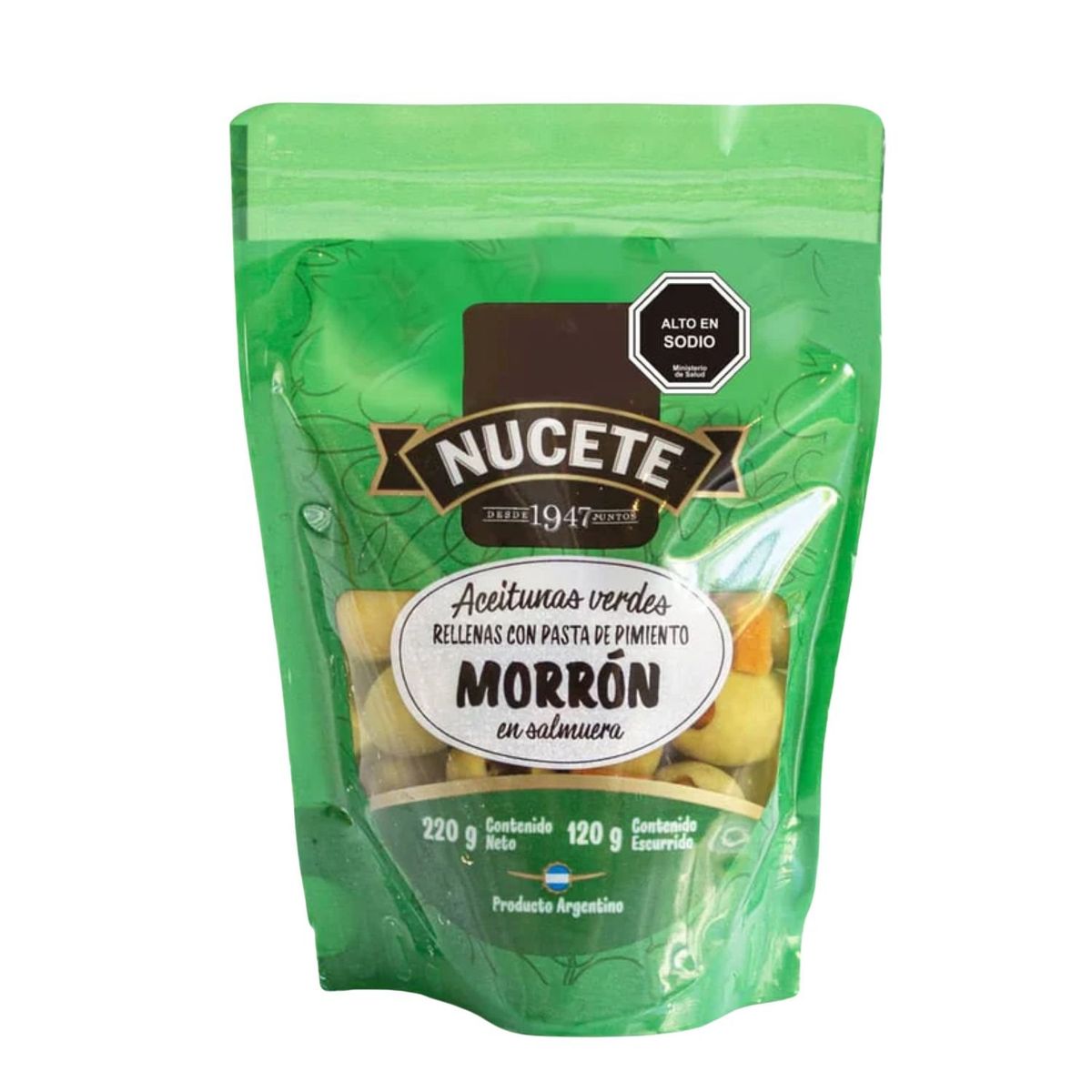 NUCETE - Aceitunas Verdes Rellenas Pimentón Doypack Nucete 120 g