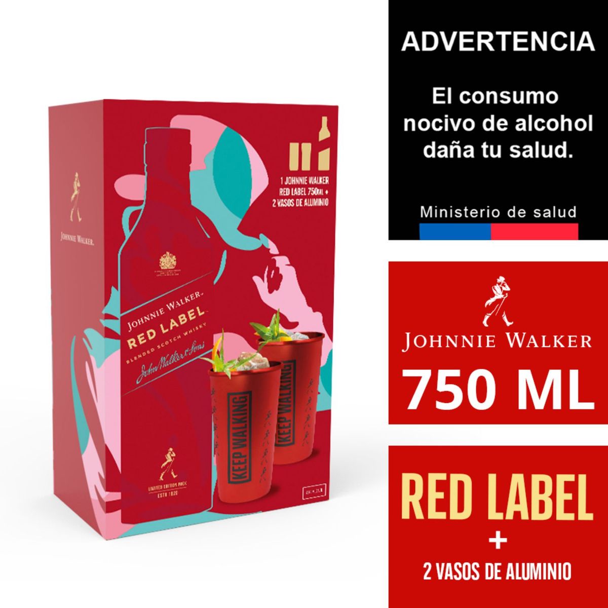 JOHNNIE WALKER - Pack Whisky Johnnie Walker Red 40° 750 cc + 2 Vasos Aluminio