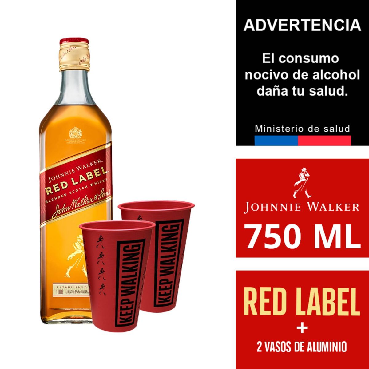 JOHNNIE WALKER - Pack Whisky Johnnie Walker Red 40° 750 cc + 2 Vasos Aluminio