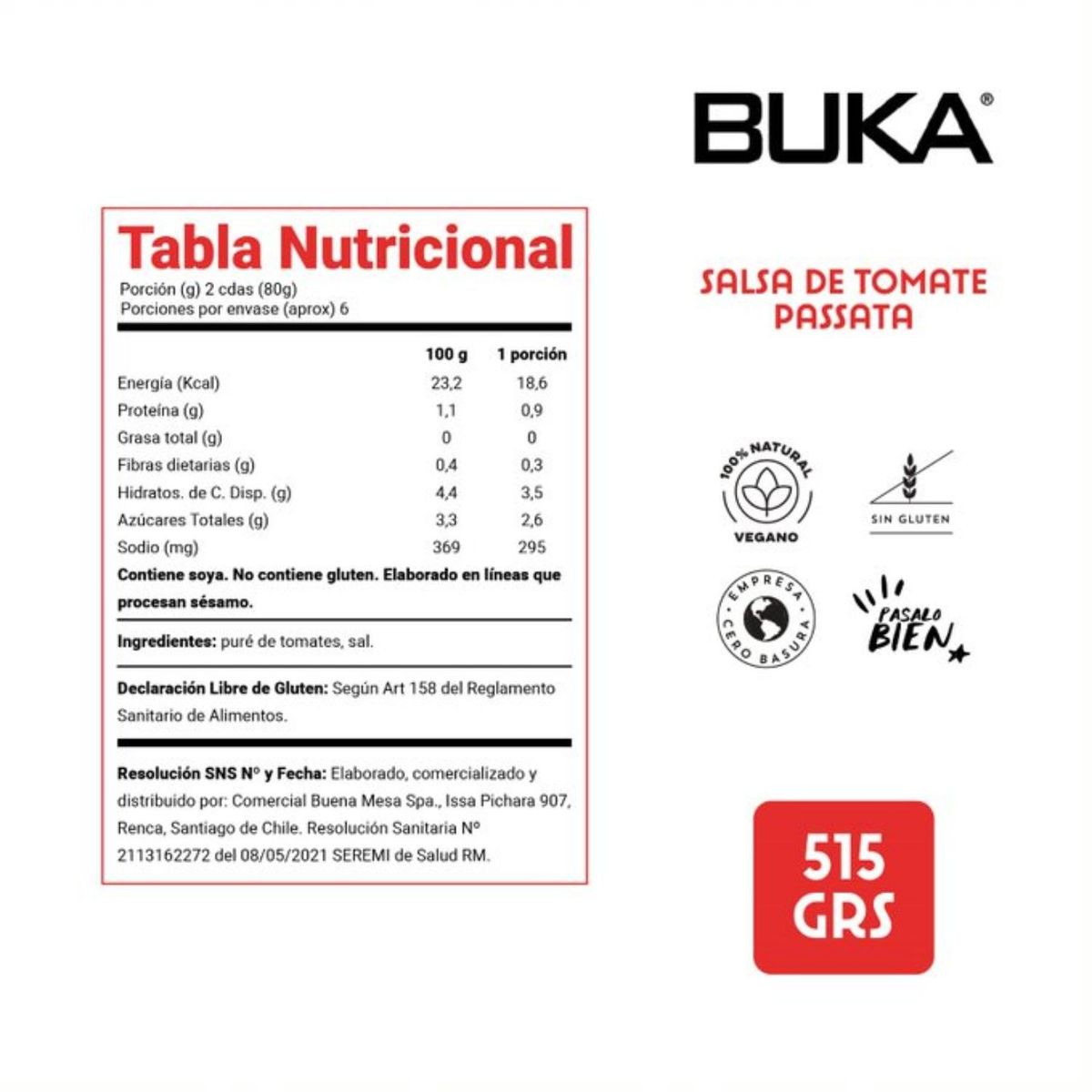 BUKA - Passata de Tomate Clásica Buka 515 g