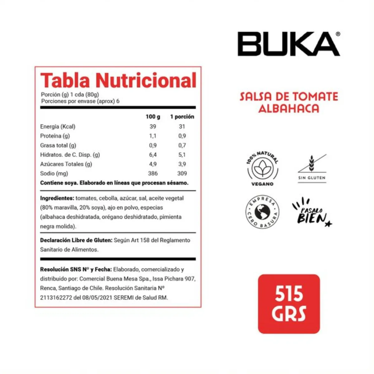 BUKA - Salsa de Tomate Albahaca Buka 515 g