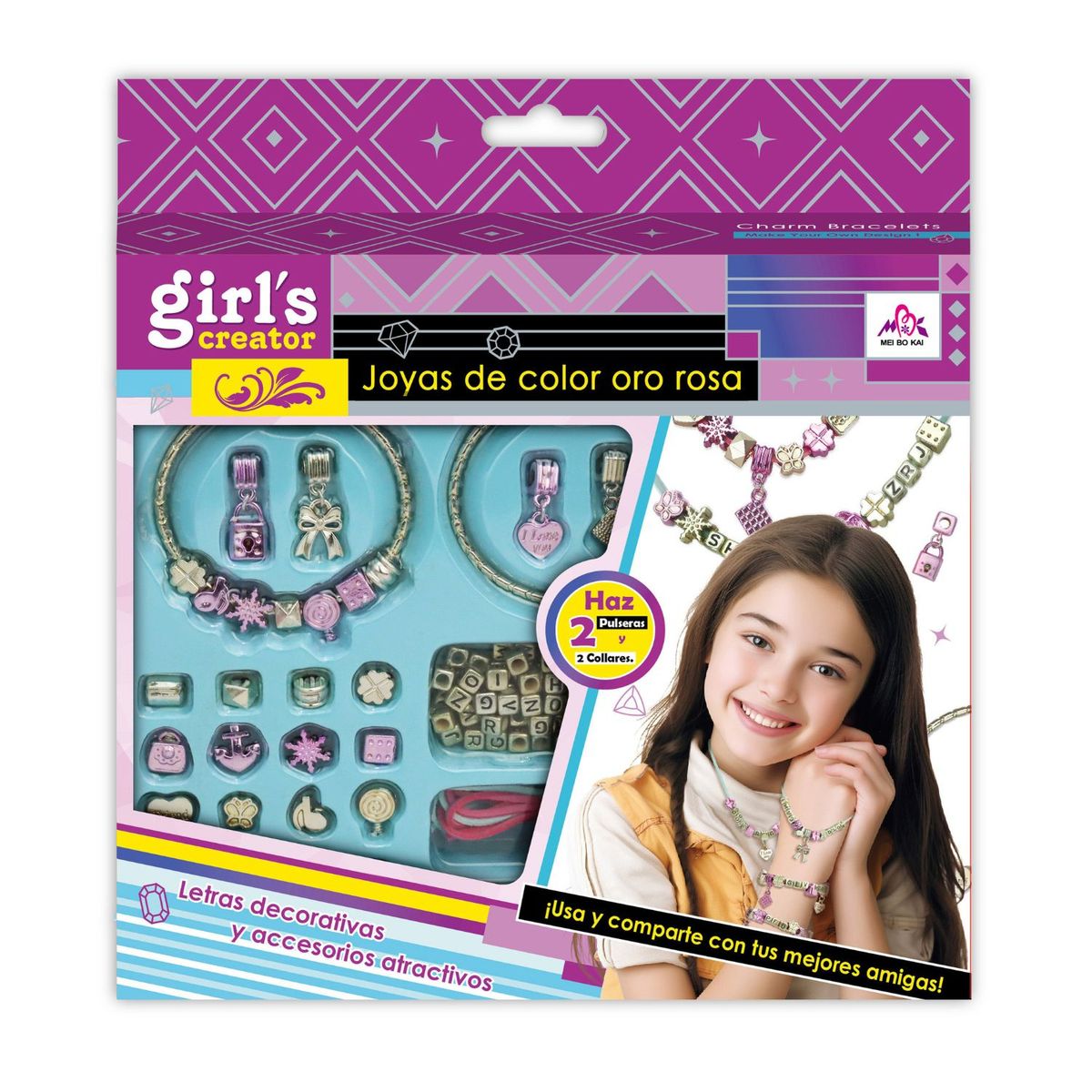 MEI BO KAI - Set Joyas Rosadas 2 Brazaletes 3 Collares