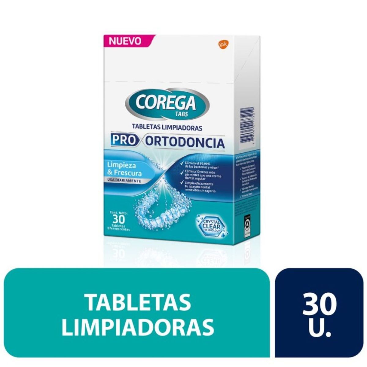 COREGA - Tableta Limpiadora Corega Pro Ortodoncia 30 Unidades