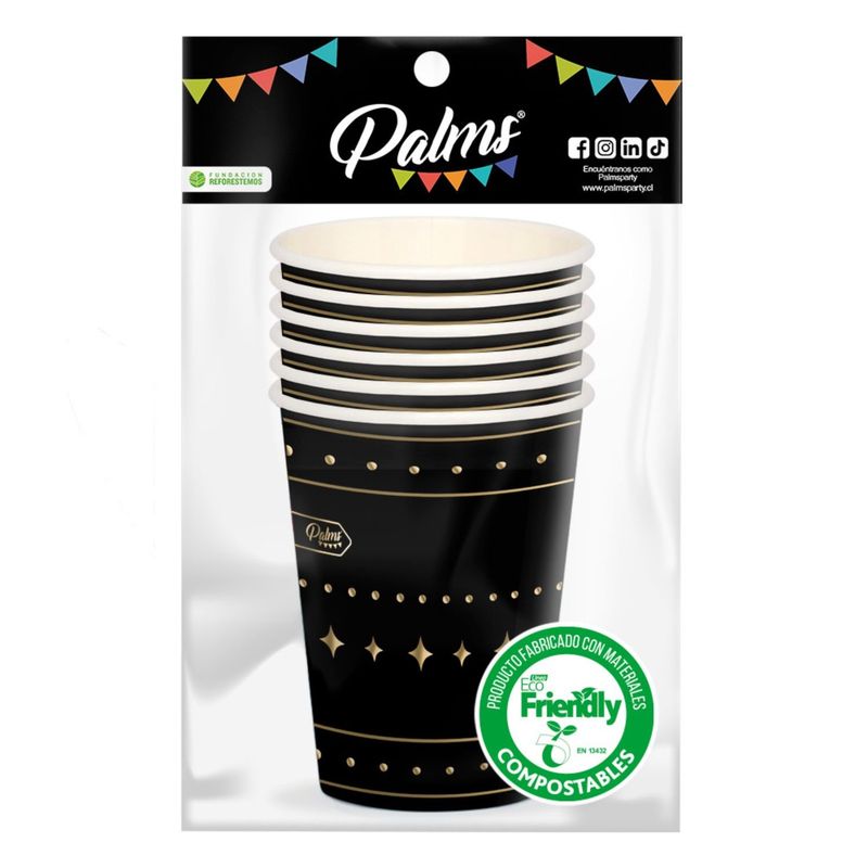 PALMS - VASOS NEGRO/DORADO 6 UN.