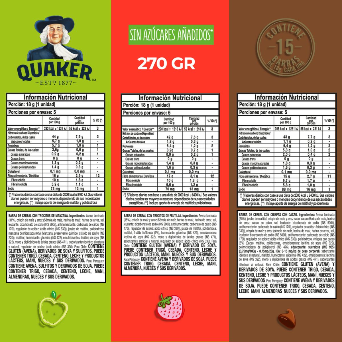 QUAKER - Pack Barritas de Cereal Quaker 15 x 18 g