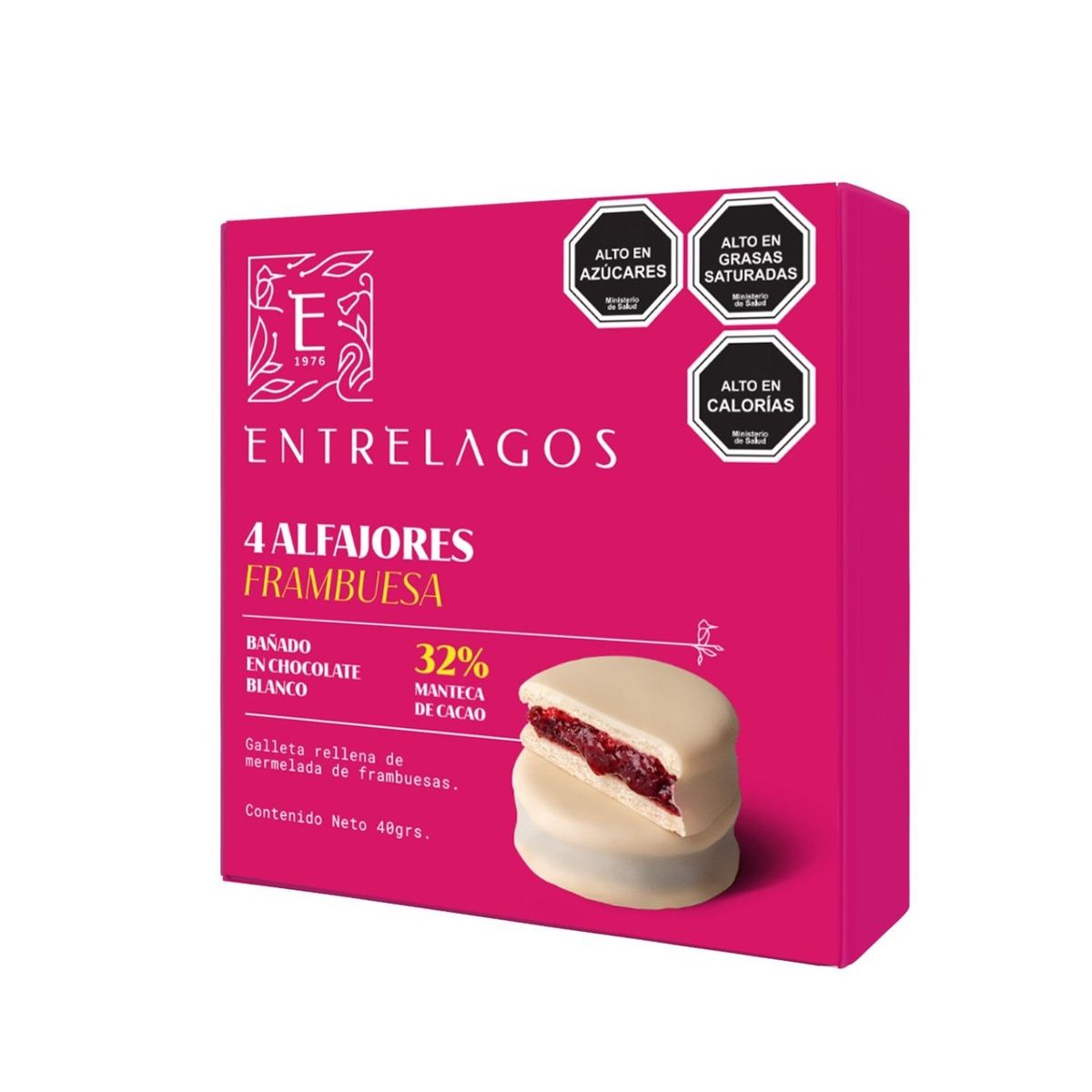 ENTRELAGOS - Pack Alfajor Relleno de Frambuesa Entrelagos 4 Un x 40 g