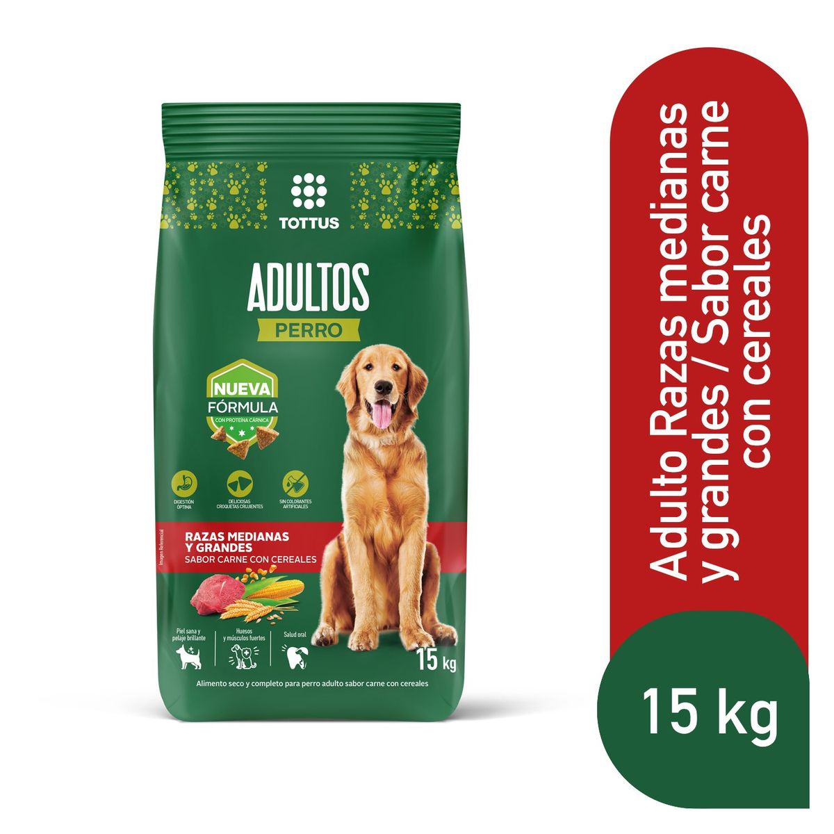 TOTTUS - Alimento Seco Perros Adultos Mediano/Grande Tottus Carne y Cereales 15 kg