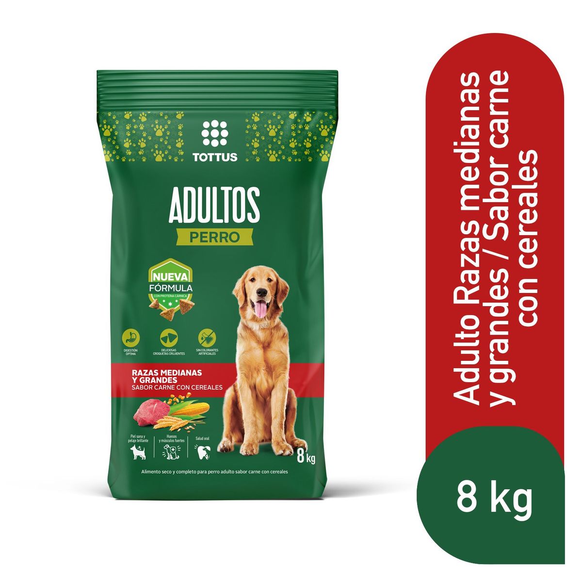 TOTTUS - Alimento Seco Perros Adultos Mediano/Grande Tottus Carne y Cereales 8 kg