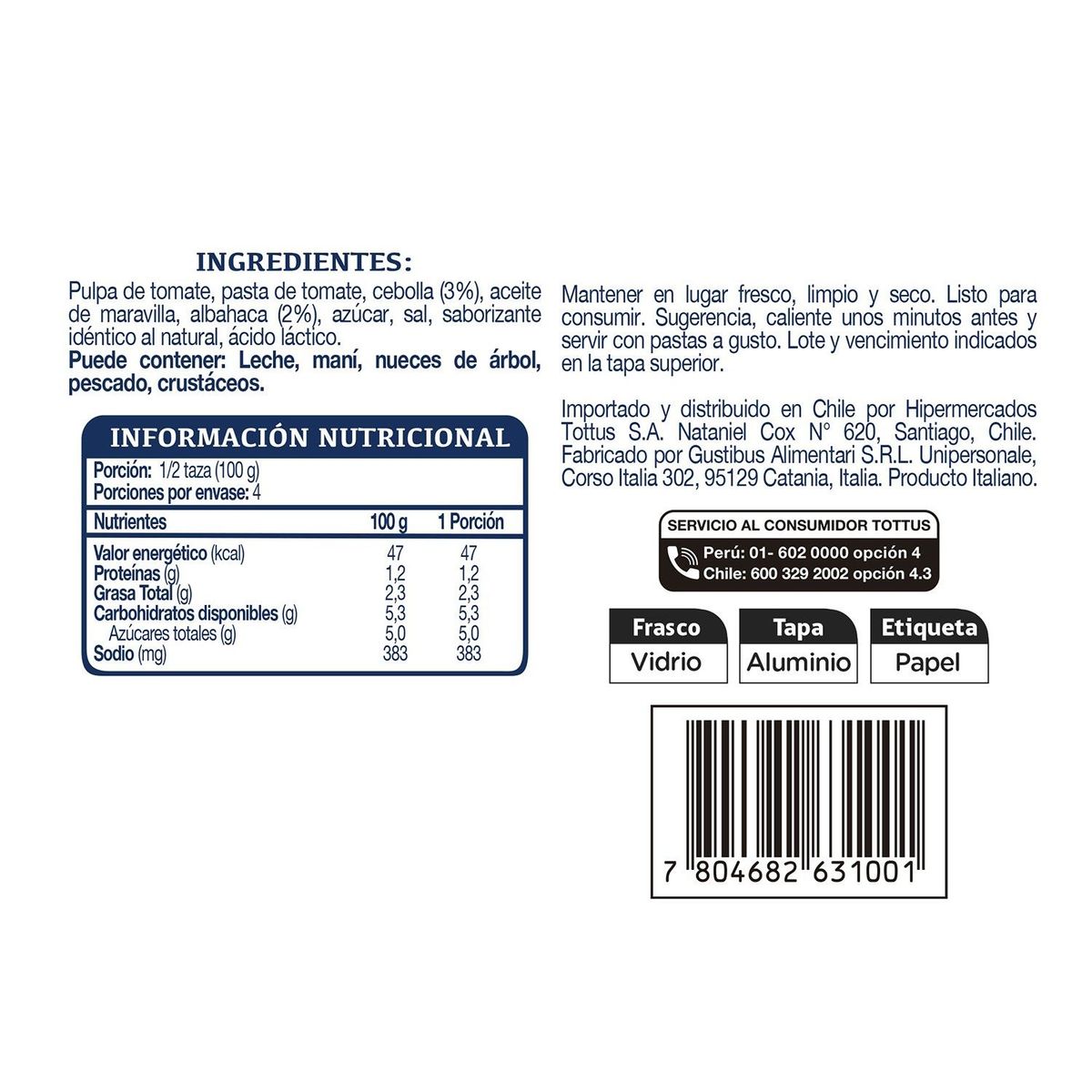 TOTTUS - Salsa de Tomate Basilico con Cebolla y Albahaca Tottus 400 g