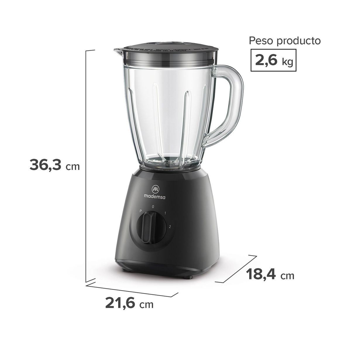MADEMSA - Licuadora 1,5L Jarra De Vidrio Mbl20 Neg Mademsa