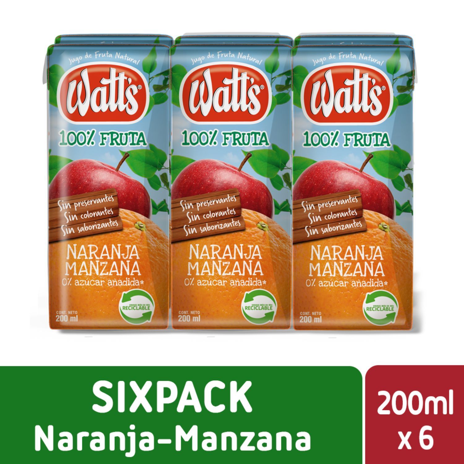 Sixpack Jugo Mix Naranja y Manzana Sin Azúcar Watts 6 x 200 ml