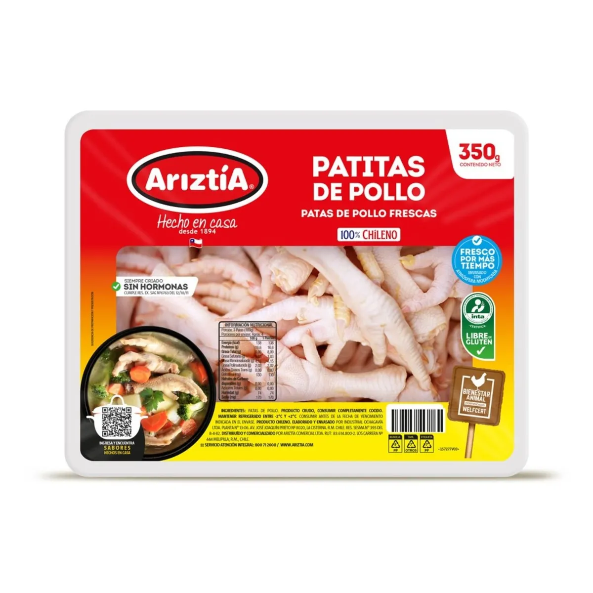ARIZTIA - Patas de Pollo Refrigeradas Bandeja Ariztia 350 g