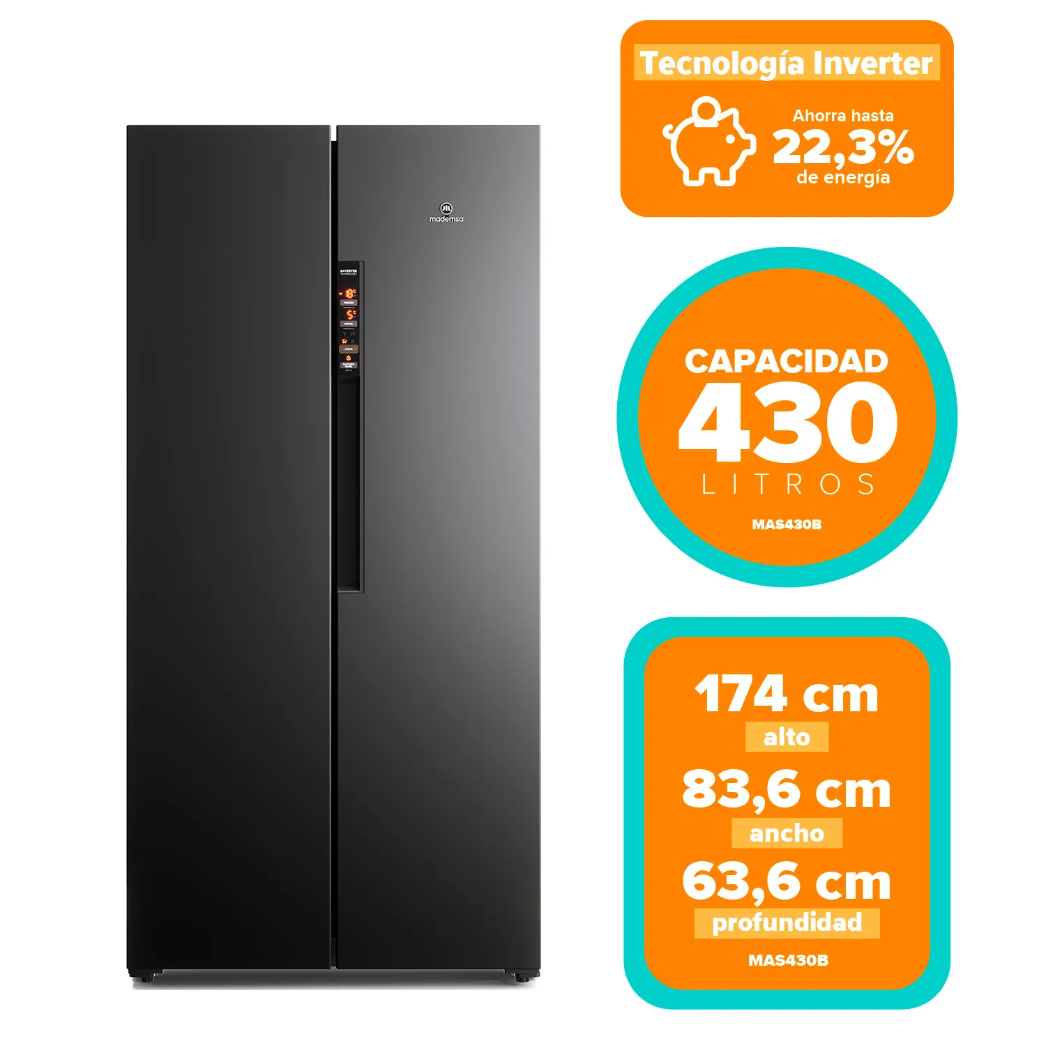 Refrigerador 426L No Frost Side By Side Mas430B Negro | Tottus Chile