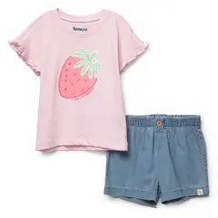 REDWOOD - Conjunto Polera Bordado Short Chambray Bebe