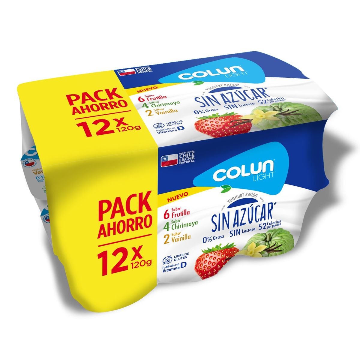 COLUN - Pack Yoghurt Light Sin Azúcar  Frutilla, Chirimoya, Vainilla Colun 12 x 120 g