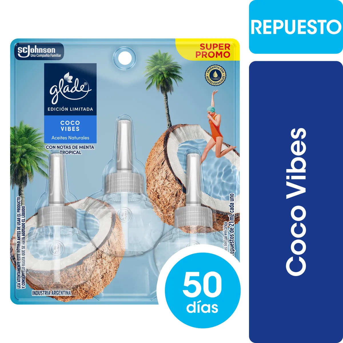 GLADE - Pack Repuesto Desodorante Ambiental Aceite Coco Vibes Glade 3x21 ml