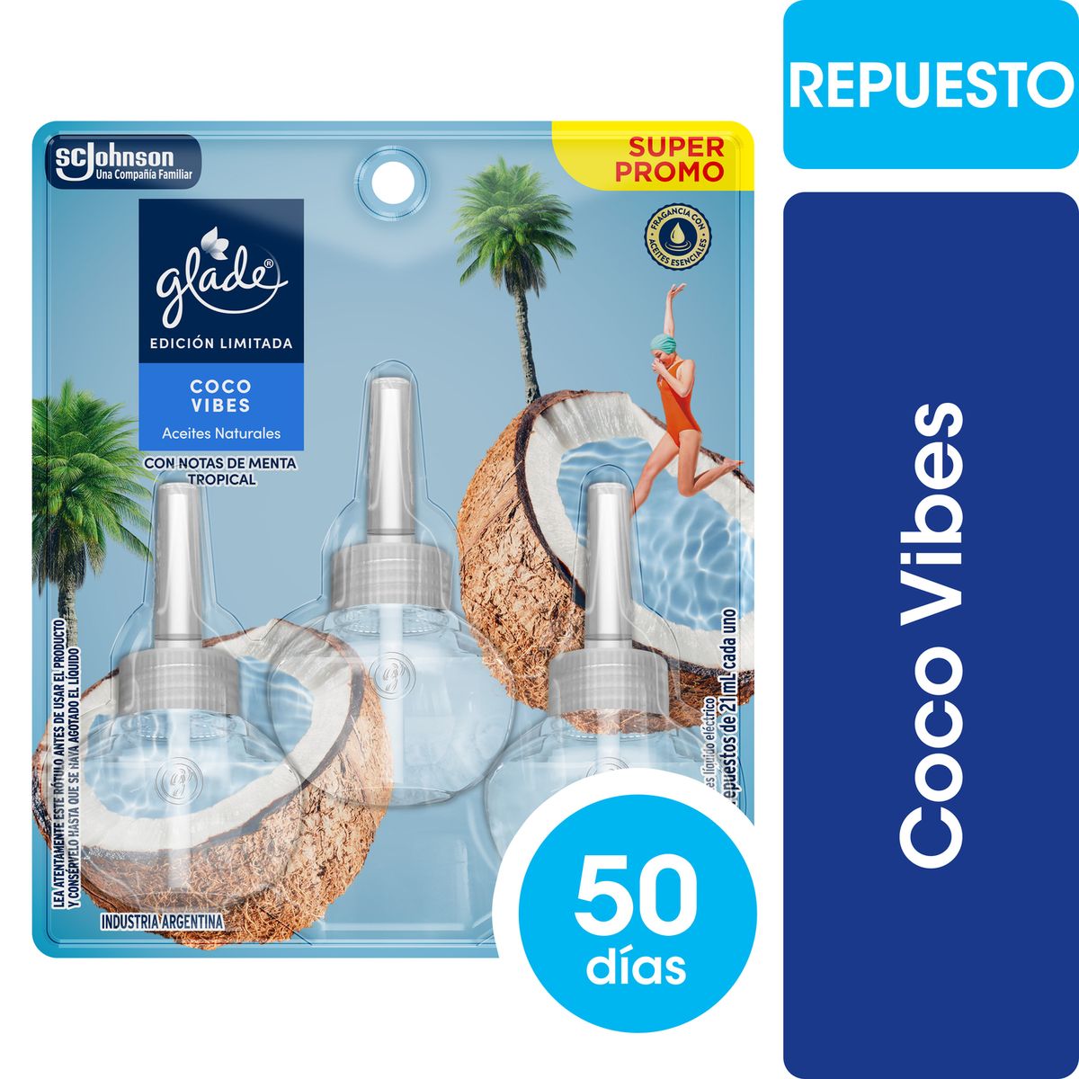 GLADE - Pack Repuesto Desodorante Ambiental Aceite Coco Vibes Glade 3x21 ml