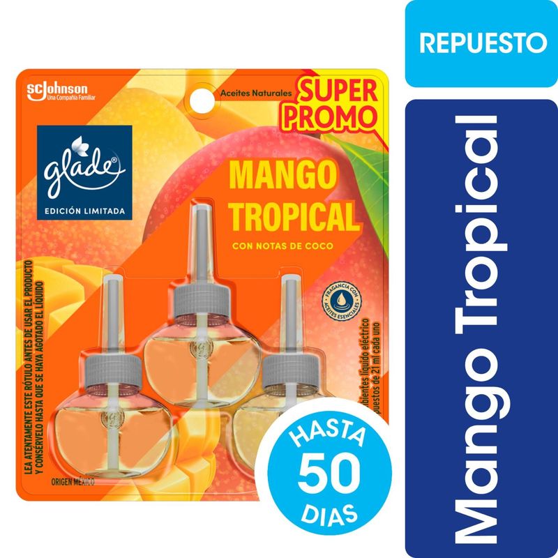 GLADE - Pack Repuesto Desodorante Ambiental Aceite Mango Tropical Glade 3 Un x 21 ml