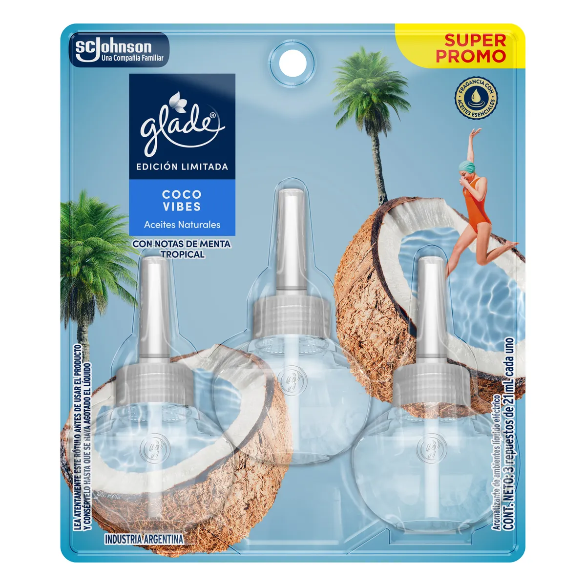 GLADE - Pack Repuesto Desodorante Ambiental Aceite Coco Vibes Glade 3x21 ml