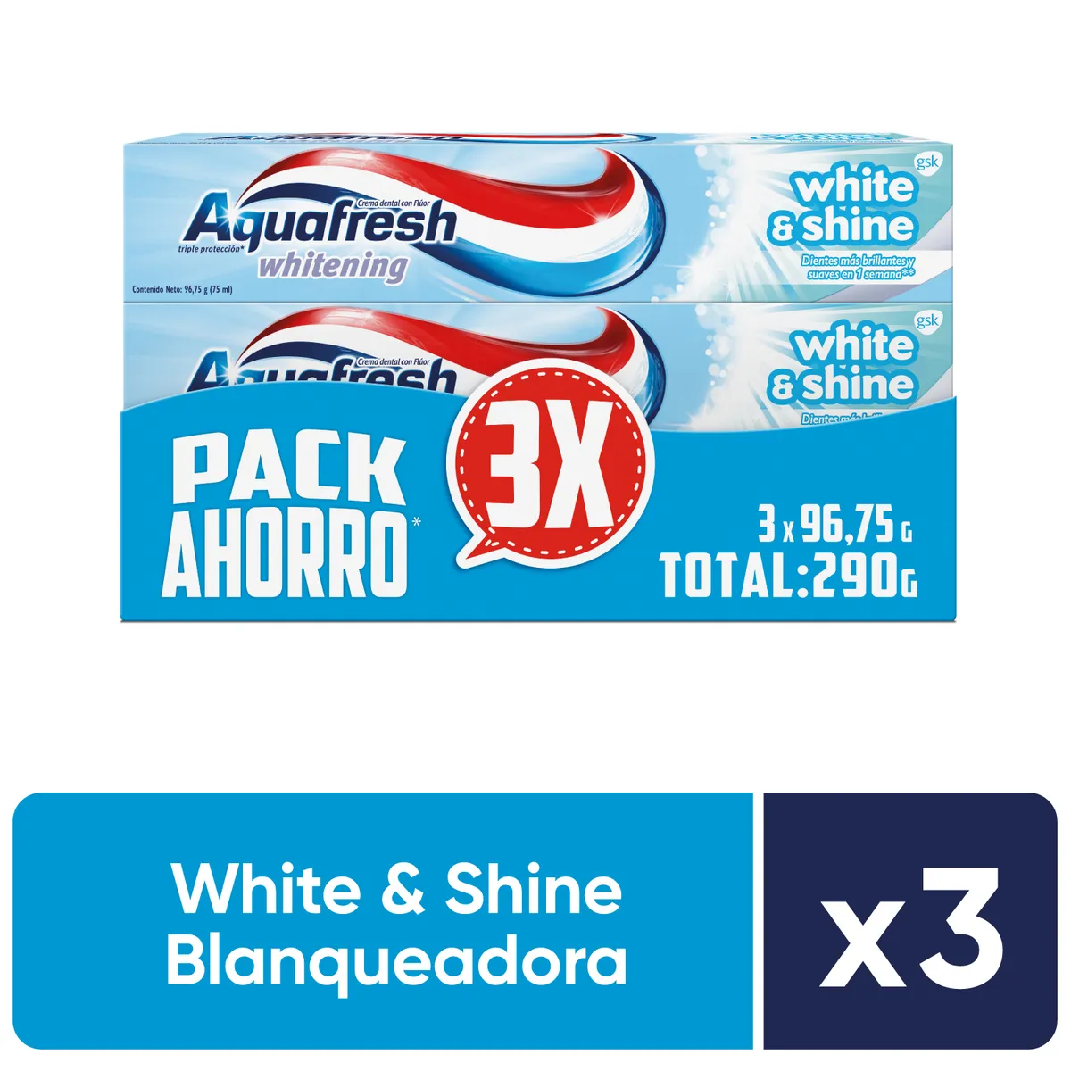 AQUAFRESH - Pack Pasta de Dientes Aquafresh White Shine Blanqueadora 3 x 96.7 g
