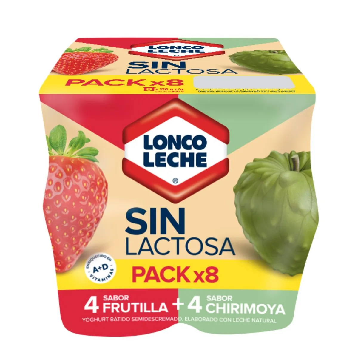 LONCOLECHE - Pack Yoghurt Sabor Frutilla y Chirimoya Sin Lactosa Loncoleche 8 x 120 g