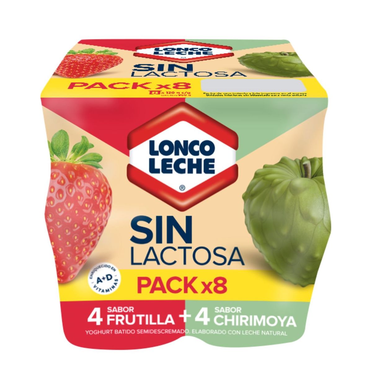 LONCOLECHE - Pack Yoghurt Sabor Frutilla y Chirimoya Sin Lactosa Loncoleche 8 x 120 g