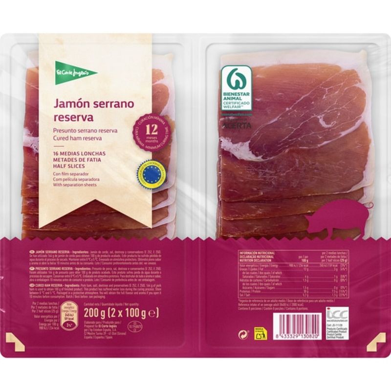 EL CORTE INGLES - Jamón Serrano Reserva 2 x 100 g
