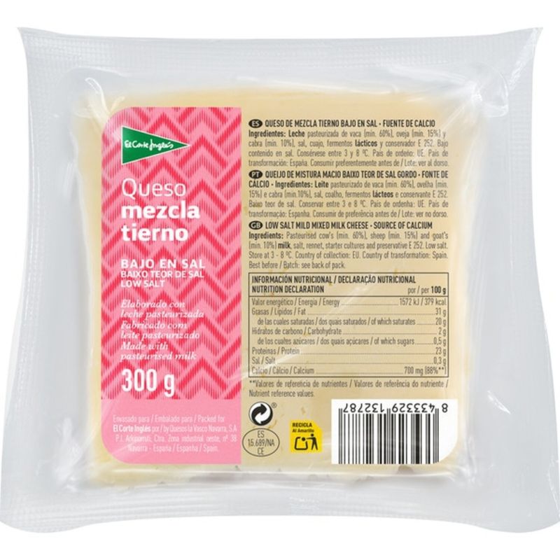 EL CORTE INGLES - Queso Mezcla Tierno Bajo en Sal El Corte Inglés 300 g