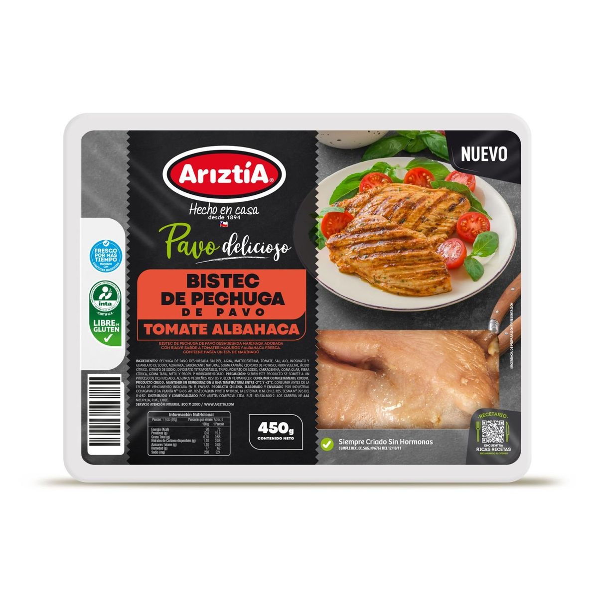 ARIZTIA - Bistec de Pechuga de Pavo Sabor Tomate y Albahaca Ariztia 450 g