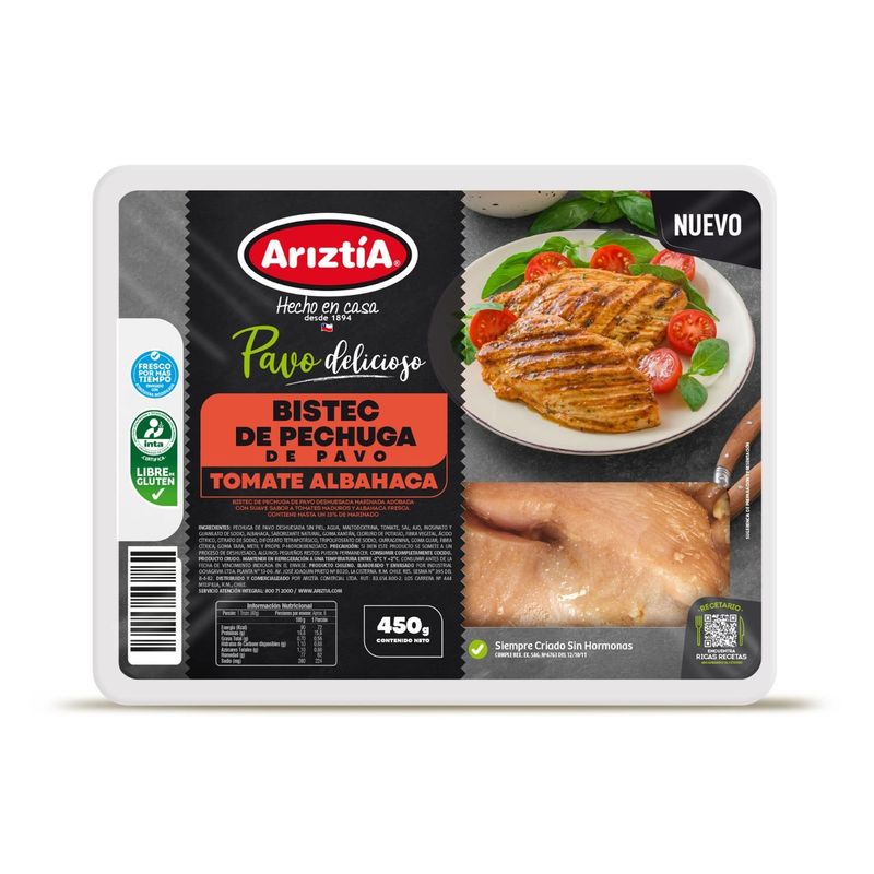 ARIZTIA - Bistec de Pechuga de Pavo Sabor Tomate y Albahaca Ariztia 450 g