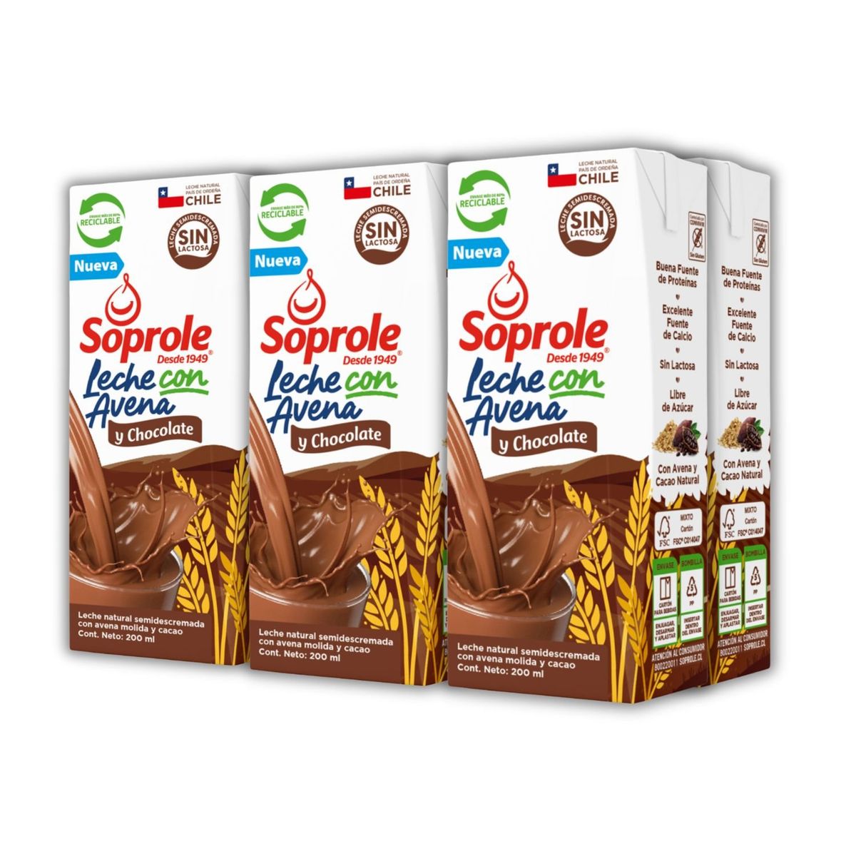 SOPROLE - Pack Leche Semidescremada con Avena y Chocolate Soprole 6 x 200 ml