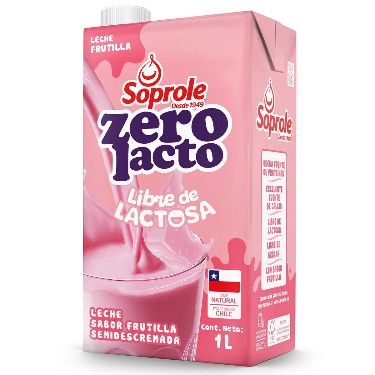 SOPROLE - Leche Semidescremada Zerolacto Sabor Frutilla Soprole 1 L
