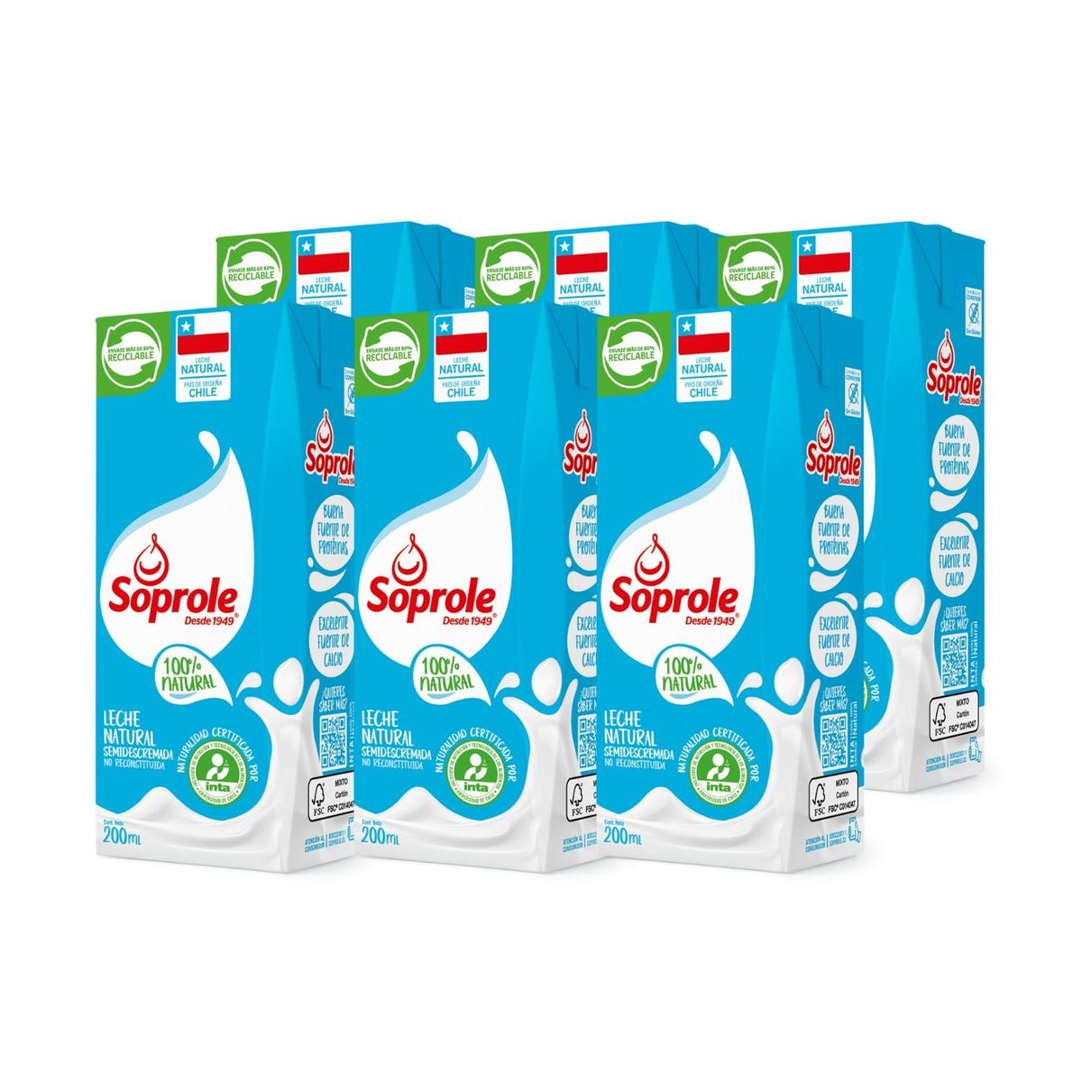 SOPROLE - Pack Leche Natural Semidescremada Soprole 6 x 200 ml