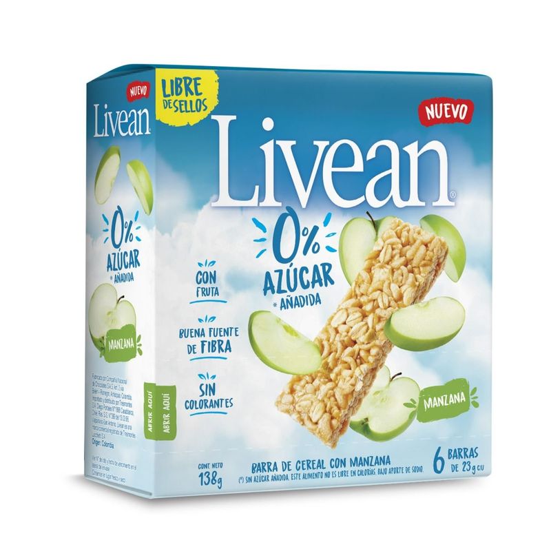 LIVEAN - Barra de Cereal Manzana Verde Sin Azúcar Livean 6 x 23 g