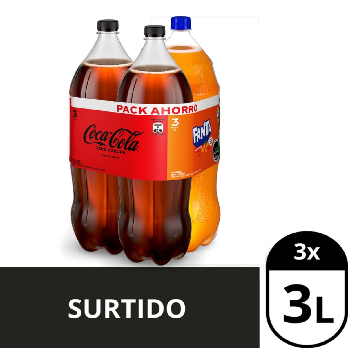 COCA COLA - Tripack Bebida Coca Cola Zero Azúcar 2 x 3 Lt + Bebida Fanta 3 Lt