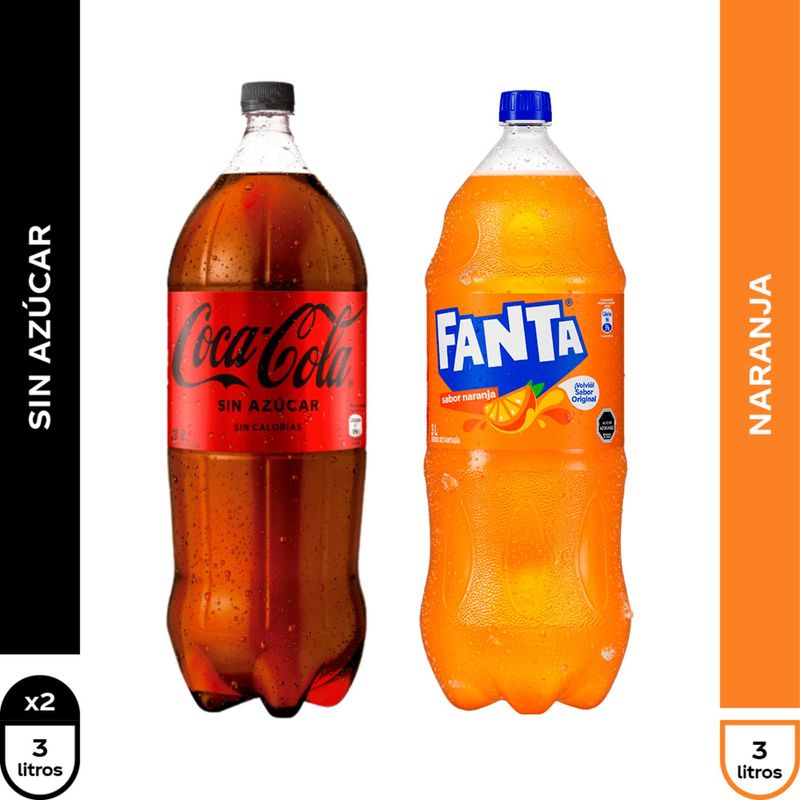 COCA COLA - Tripack Bebida Coca Cola Sin Azúcar 2 x 3 Lt + Bebida Fanta 3 Lt